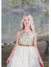 Gold Lace Glitter Tulle Tiered Gorgeous Flower Girl Dress